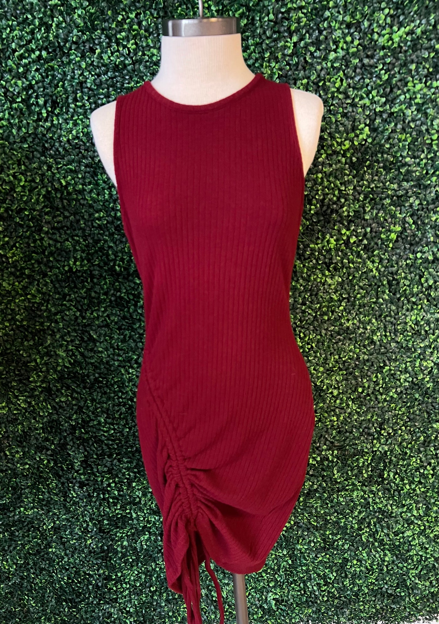Burgundy Ribbed Ruched Dress