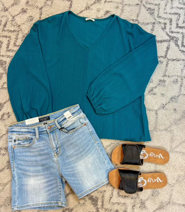 Teal V Neck Long Sleeve