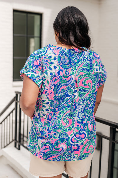 Lizzy Cap Sleeve Top in Pink and Jade Paisley Mix
