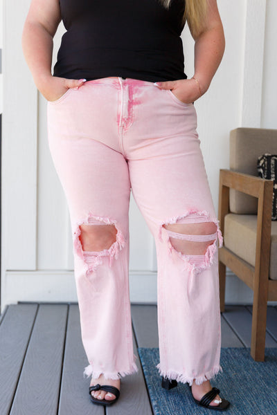 Babs Distressed Straight Jeans in Pink