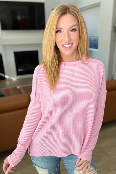 Textured Line Boat Neck Long Sleeve Top in Pink