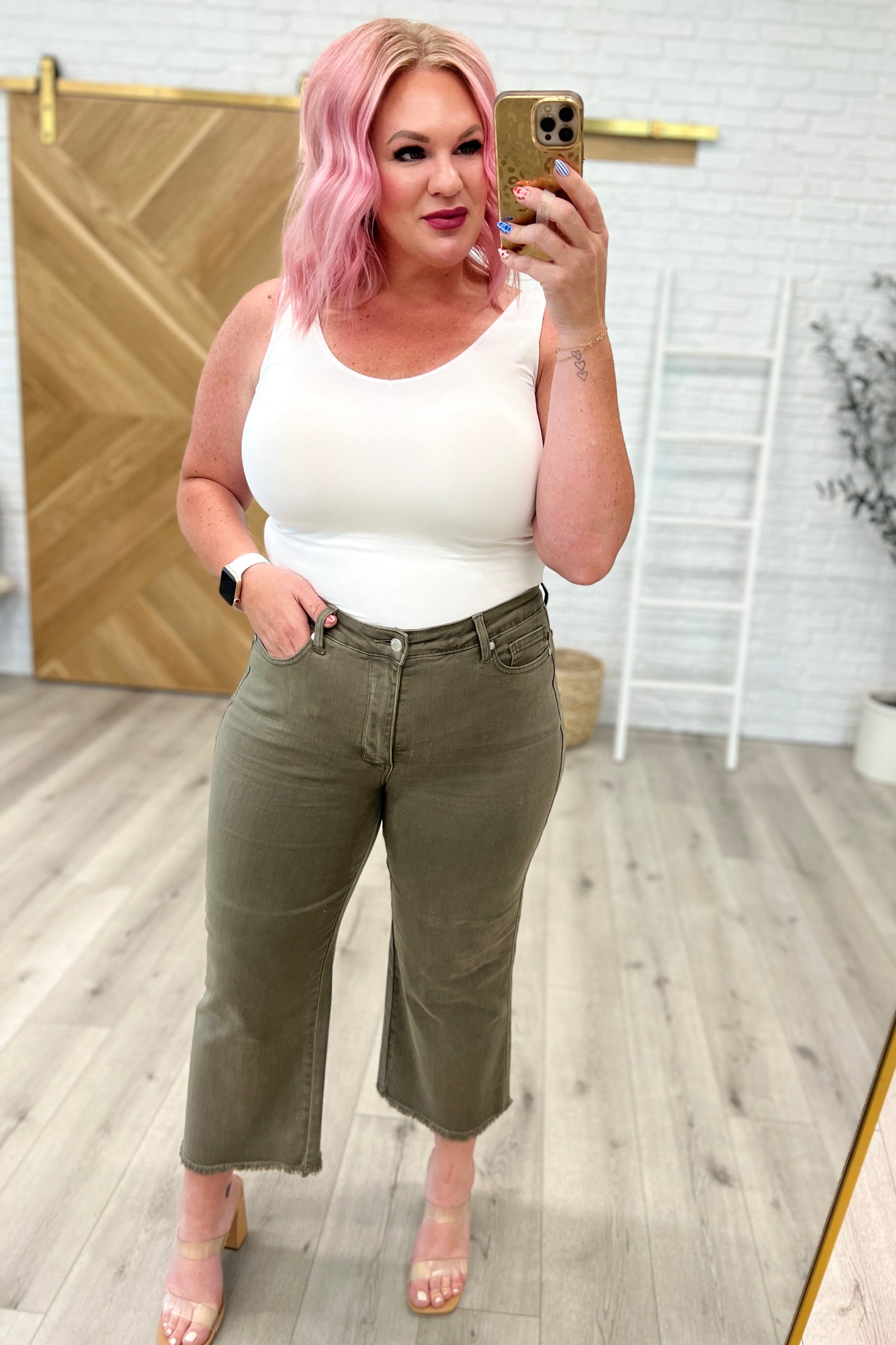 Harvey High Rise Control Top Wide Leg Crop Jeans in Olive