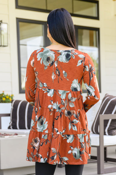 Lovely Meeting Tiered Floral Dress In Rust