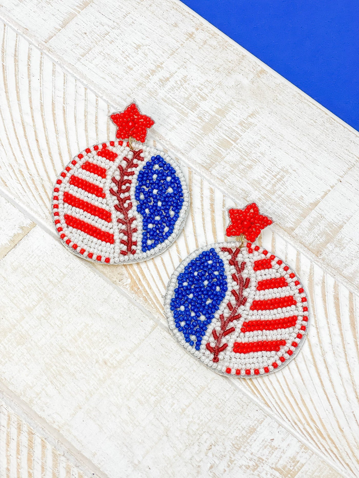 PREORDER: Patriotic Baseball Beaded Dangle Earrings