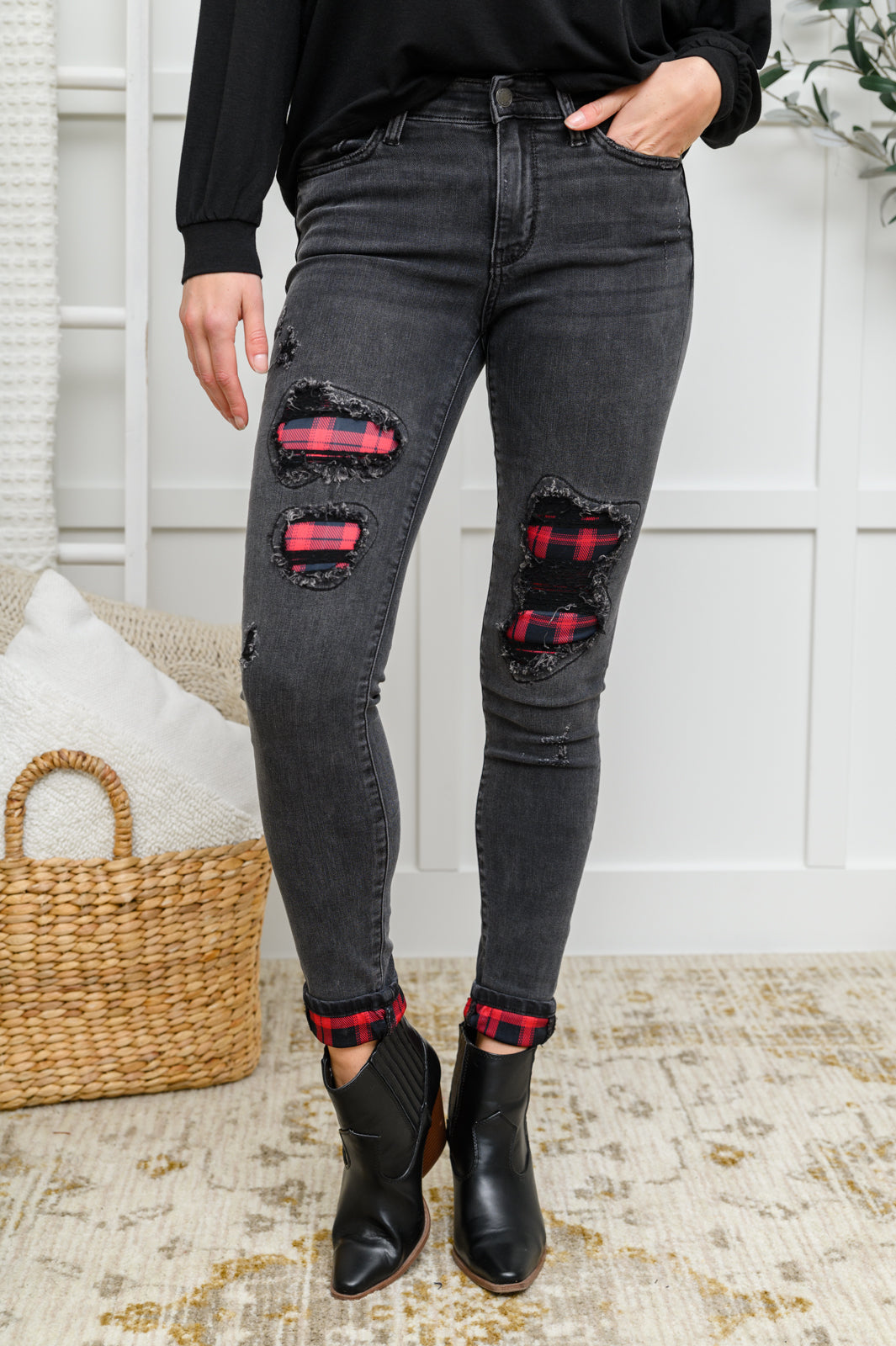 Plaid Peek-A-Boo Jeans in Charcoal