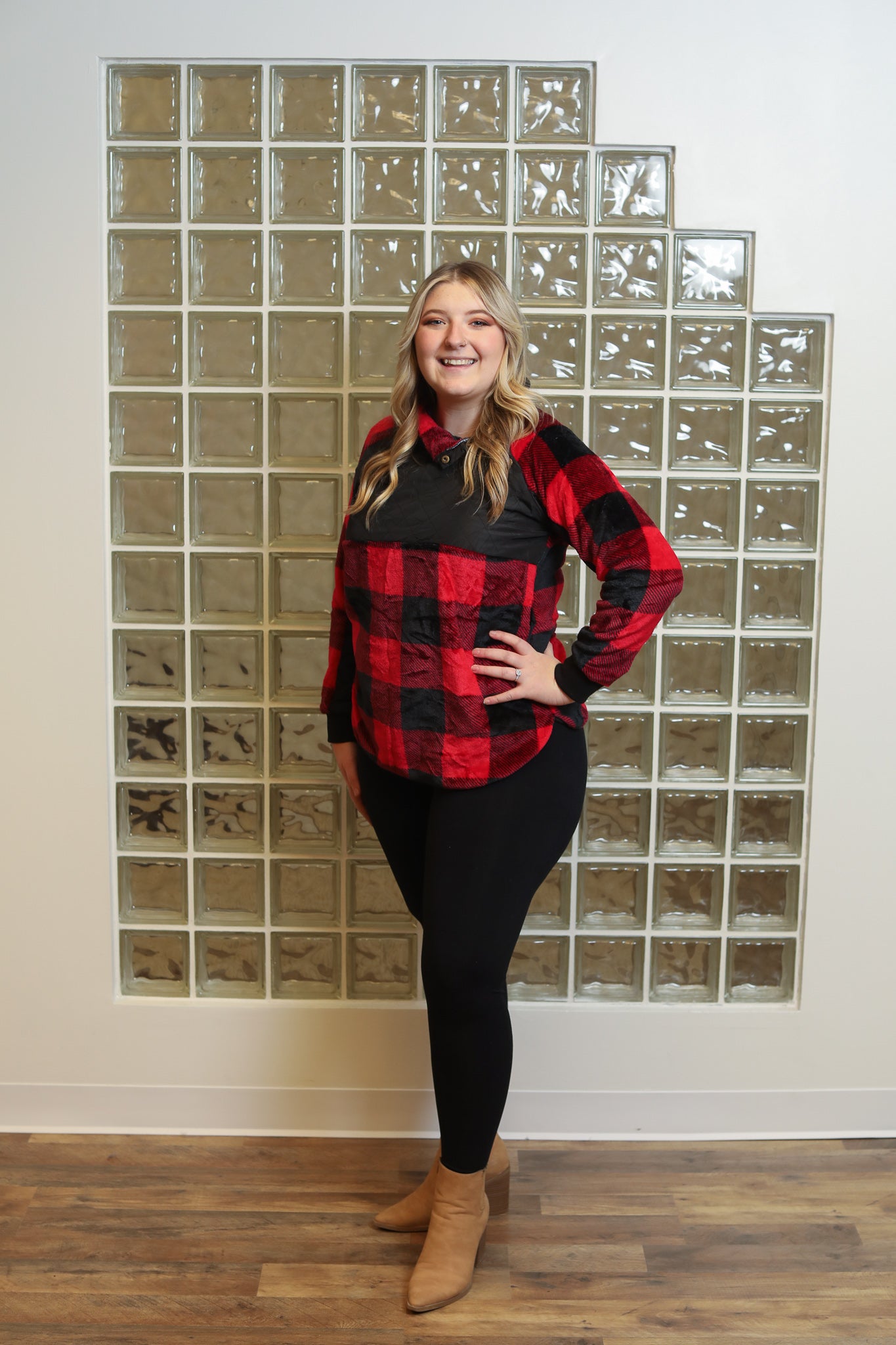 Red Plaid Paneled Pullover