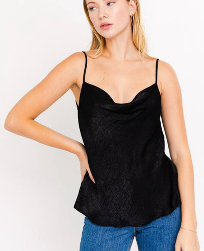 Sleeveless Cowl Neck Satin Tank